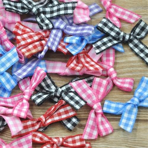 100pcs Gingham Ribbon Bows Flowers Appliques Doll Bulk Lots Wedding Decora E224