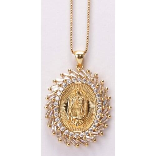 18 inches white cubic zircon cz crystal paved religious belief The Blessed Virgin Mary gold pendant necklace unisex man woman
