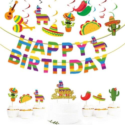 22pcs Carnival Birthday Party Decorations Alpaca Cactus May Carnival Banner First Fiesta Banner Party Supplies