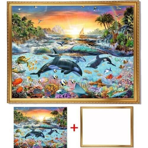 Framed Diamond Embroidery Sale Dolphin Diamond Painting 5d Sea Pictures Of Rhinestones Mosaic Handmade Gift
