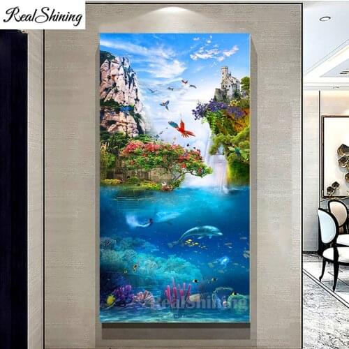 Large Rhinestone Natural sceneryCliff waterfall stitch cross diamond embroidery mosaic marine dolphin life diamond paintingF1032