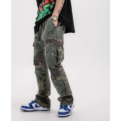Hip-hop Distressed Camouflage Splash Flared Pants Men and Women Pockets Drawstring Loose Cargo Pants Streetwear Baggy Trousers