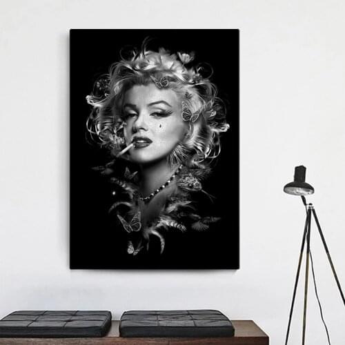 Black and White Butterflies Surround Marilyn Monroe Smoking Abstract Posters Canvas Paintings and Prints Girls Wall Art Pictures