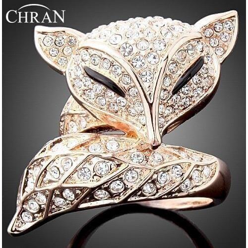CHRAN Classic Gold Color Shining Crystal Aniversary Rings Brand Jewelry Elegant Fox Design Wedding Rings for Women