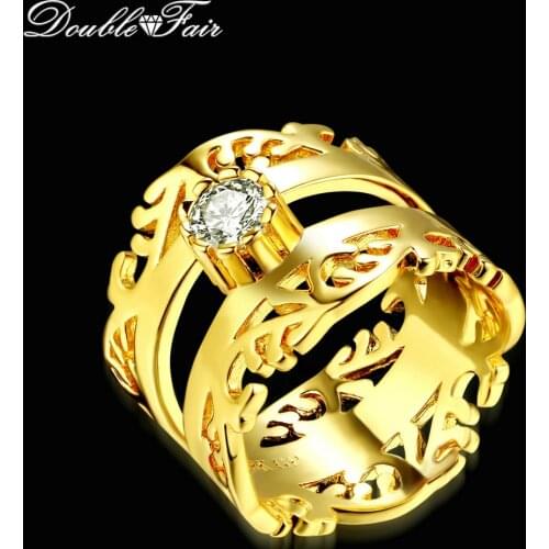 Double Fair Brand Classic Cubic Zirconia Gold-Color Crown Ring Fashion Anniversary Crystal Jewelry For Women DFR474