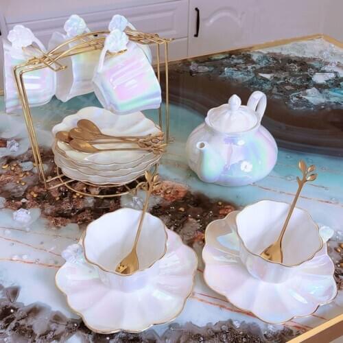 European Luxury Pearlescent Ceramic Coffee Pot Cup Set Afternoon Teapot Teacup Saucer Spoon Sets Elegant Porcelain Espresso Mugs