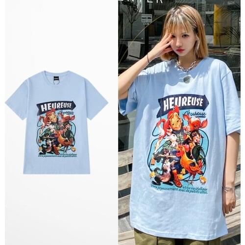 New Fashion High Street INS T Shirt Men Men Funny Cartoon Print T Shirts Men 100% Cotton Retro Lovers Couple Blue Short Tee