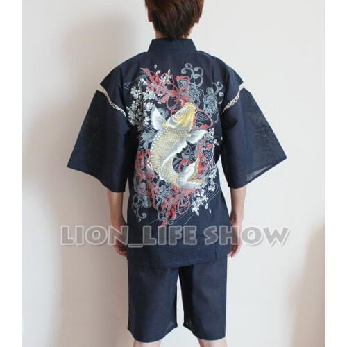 Summer Men Japanese Jinbei Kimono Carp Short Sleeve Pants Sleepwear Pajama Homewear
