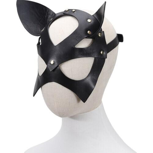 Cute Black Head Mask Harness Cat Ears Anime Cosplay Leather Halloween Mask for Women Men Couples Role Play Stripper Clothes New