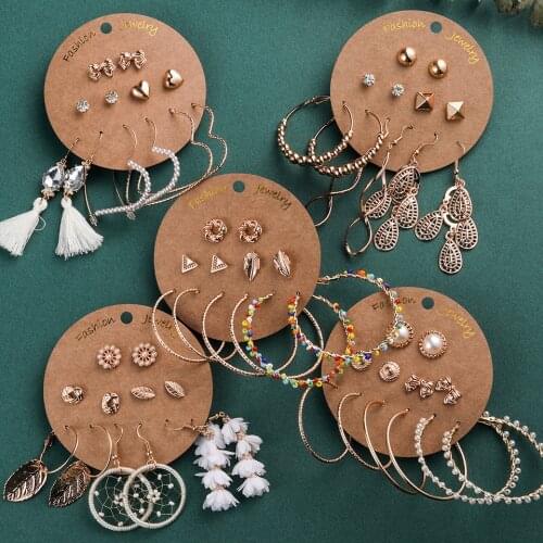 Fashion Exaggeration 6 Pairs/Sets Big Round Circle Bow Love Heart Earrings Sets for Women Girls Gifts White Gold Colors Earring