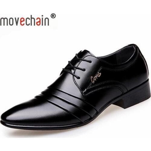 Movechain New Fashion Pointed Toe Mens Leather Business Shoes Man Wedding Party Flats Mens Lace-Up Dress Office Oxfords