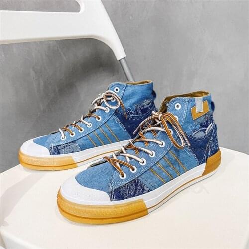 New Designer Blue Denim Canvas Shoes Man Trending High-top Canvas Sneakers Men Thick bottom Breathable Men Skateboard Shoes