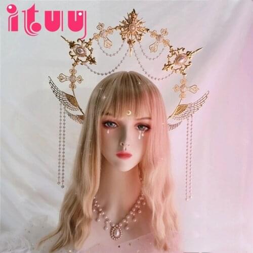 Halo Headwear Gothic Style Lolita Angel Wings Goddess Sun Virgin Mary Spiked Pearl Pendant Golden KC Halo Crown Hair Accessories