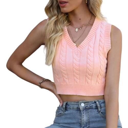 Fall Women Fashion Simple Style Knitted Vest Solid Color V-neck Sleeveless Crop Tops Blue/ Pink/ Rust Red