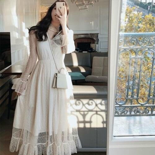 Dress Women Long Sleeve Mesh Lace Puff Fake Two Piece Ankle-length Dresses for Womens Student Korean Style Elastic Waist Fashion
