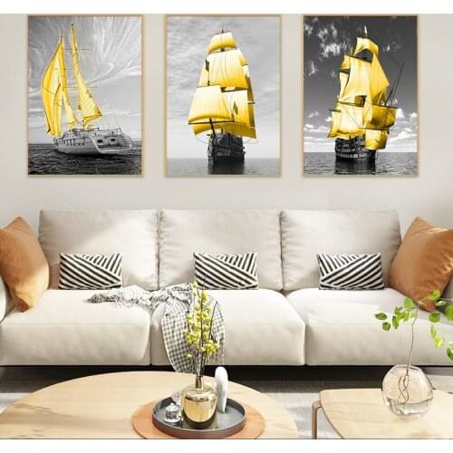 3 Pieces Nordic Poster Golden Boat Canvas Prints Wall Art Painting Modern wall Pictures for living Room Home Decoration