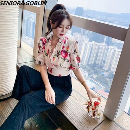 2020 Summer Women Sweet Print Tops Ladies Sexy High Waist Retro Ruffled Blouses Vintage V Neck Office Shirt