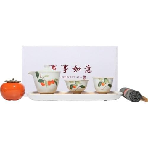 Handmade and Hand-Painted Coffee Cup Persimmon Kung Fu Tea Set Ceramic Home Living Room Water Storage Tea Tray Gift Box