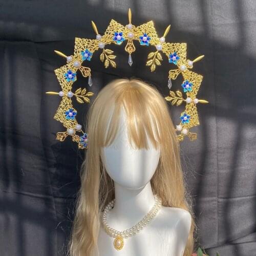 Handmade KC Gold Halo Crown Headdress Gothic Lolita Leaf Flower Crystal Pendant Hair Accessories Halo Headpiece Pearl Necklace