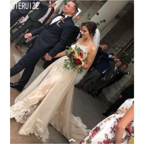 JIERUIZE Champagne Mermaid Wedding Dresses With Detachable Train O Neck Lace Appliques Zipper Back Bridal Gowns robe de mariee