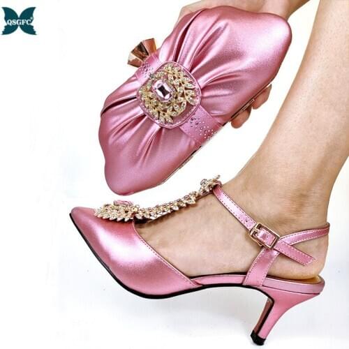 2021 Italian Design Lastest Noble Pink Color Crystal Style Elegant and Luxury Ladies Shoes and Bag Set in Party