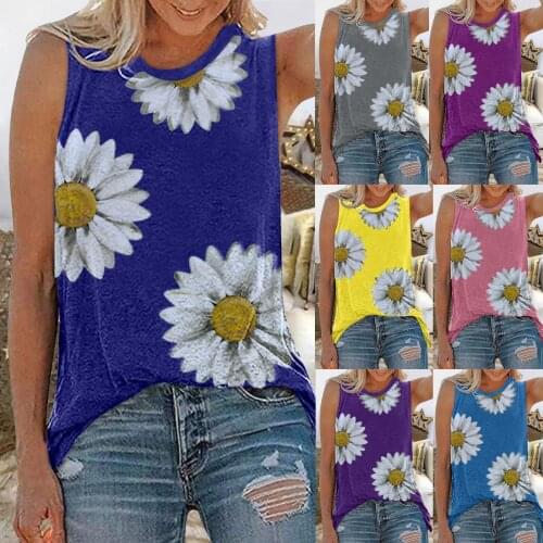 Ladies Casual Round Neck Sleeveless Summer Vest Chrysanthemums Print Vest Solid Color Sleeveless T-Shirts Blouse