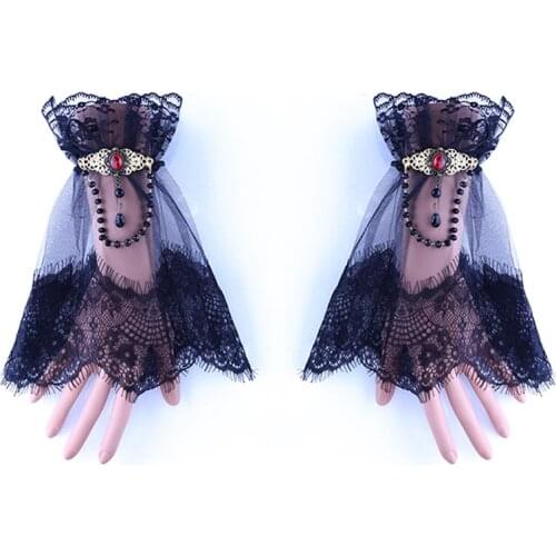 Women Steampunk Gothic Short Arm Sleeves Retro Lace Wrist Cuffs Bracelets Solid Black Crystal Beads Chain Gloves Gothic Gloves