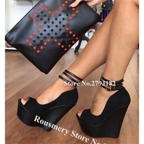 Women Super Sexy Peep Toe Suede Leather High Platform Wedges Black Nude Ankle Straps Wedge High Heels Formal Dress Shoes