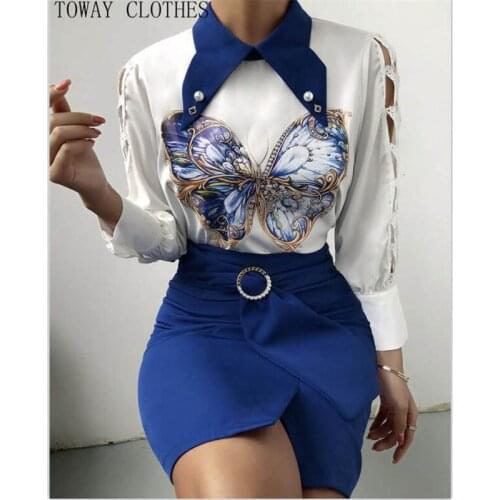 Women Peter pan Collar Butterfly Print Cutout Top & Skirt Set Elegant Work 2PCS