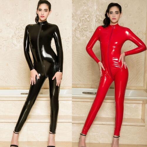 Plus Size Wetlook Zipper Open Crotch Bodysuit PVC Catsuit Glitter Rompers Womens Jumpsuit Set Sexy Black Bodysuits Clubwear Red