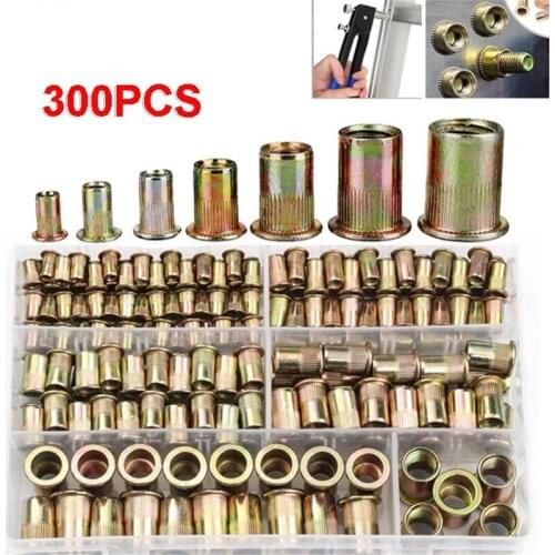 300pcs M3 M4 M5 M6 M8 M10 M12 Zinc Plated Carbon Steel Knurled Nuts Rivnut Flat Head Threaded Rivet Insert Nutsert Cap Rivet Nut