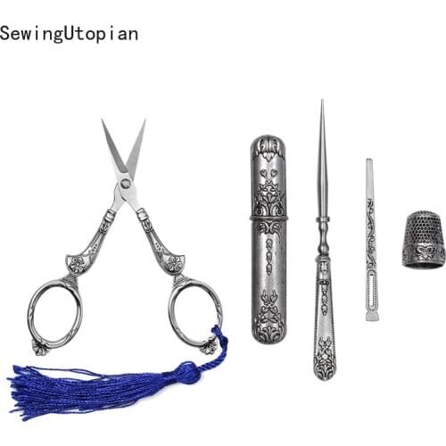 5PCS Vintage Scissors Sewing Fabric Cutter Scissors Needle Storage Tube Awl Needle Thread Thimble Scissor Tools for Sewing