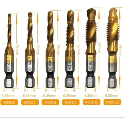 6Pcs M3-M10 Hex Shank Titanium Plated HSS Screw Thread Metric Tap Drill Bits