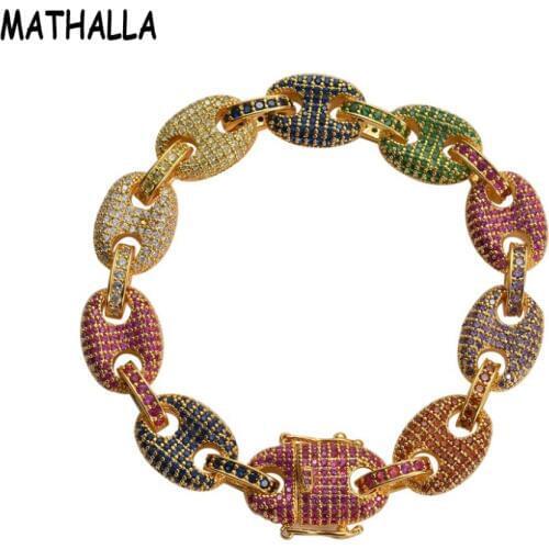 Statement Mens 12MM Copper Coffee Bean Chain Micro Paved Colorful AAA+ Cubic Zirconia Stone Chain Bracelet Hip Hip Jewelry