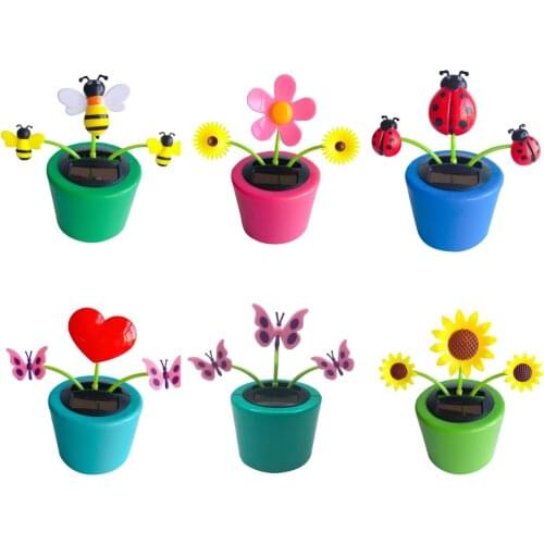 Solar Powered Flowerpot Ladybug Insect Bee Model Toy Car Dashboard