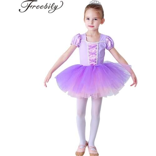 Kids Dance Gymnastics Ballet Leotard Tutu Dress Girls Dancewear Short Sleeve Princess Dress Ballerina Fairy Prom Party Costumes