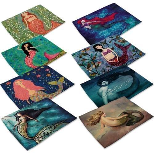 Eco Friendly Sea Mermaid Print Linen Table Mat Pads Dining Napkins Heat Insulation Placemat 42x32cm
