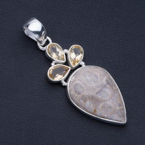 Natural Fossil Coral and Citrine Punk Style 925 Sterling Silver Pendant 2" P0873