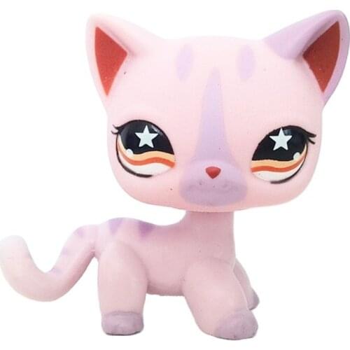 LPS CAT pet shop cute toys real standing #933 mini short hair cat pink purple stripe kitten orange star eyes old animal toys