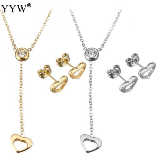 Fashion Stainless Steel Jewelry Sets Rhinestone Chain Heart Earring Plated Oval Chain Pendant Necklaces For Women Wedding