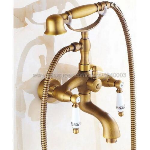 Antique Brass Wall Mounted Telephone Style Bathroom Tub Faucet W/ Hand Shower Sprayer Clawfoot Mixer Tap Ktf313