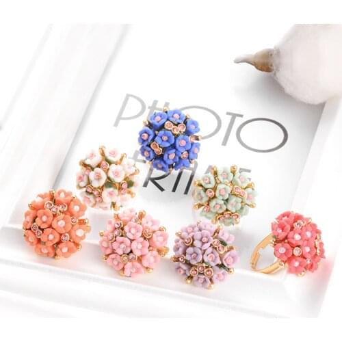 Engagement Ring for Women Wedding Zircon Gold Color Crystal Rings Female Colorful Ceramic Flower Adjustable Ring Jewelry