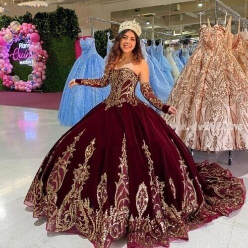 Burgundy navy blue Quinceanera Dresses with Removeable Long Sleeves Velvet Applique Sweet 16 Dress Undefined vestidos de 15 años