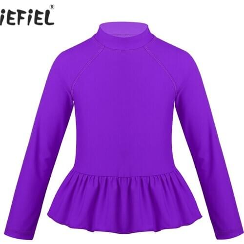 Big Girls Long Sleeve SPF/UPF 50+ Sun Protection Crew Neck Peplum Swim Shirt Tee Rash Guard for Beach Pool Summer Fun