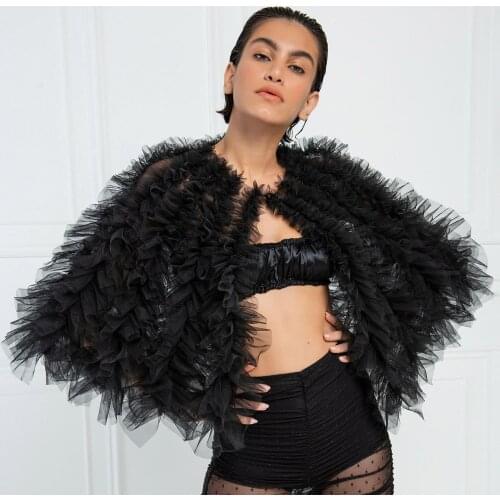 Shawl Tops See-through Short Open Stitch Tulle Top Long Sleeve Sexy Sheer Ruffled Top Sexy Black Capes for Prom Dress Shrug Top