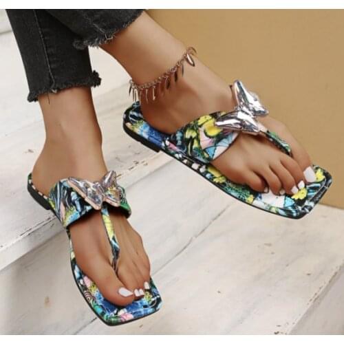 Flip Flops Womens Summer Fashion Color Matching Bow Flat Bottom Slippers Trend Cool Funny Printed Outdoor Slippers Plus Size 43