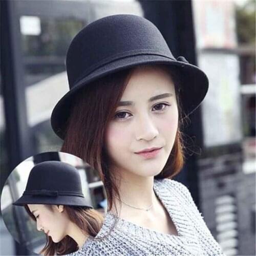 Women Winter Elegant Foldable Wool Felt Bucket Hat With Brim Female Bow Fishing Hats Floppy Solid Caps Sun Protection For Ladies