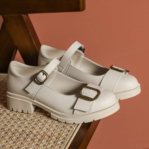 Genuine Leather metal buckle belt mary janes woman flats lolita shoes women chic round toe thick heels loafers plus size 42/43
