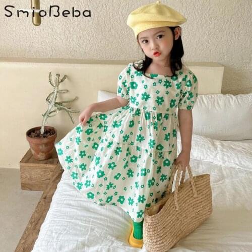 Baby Girls Flower Skirt Small Fresh Summer Dress 2021 Newest Childrens Korean Short Sleeve Purple Floral Printed Long Sweet Kid