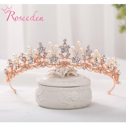 Handmade Rose Gold Princess Tiara Crown Pearl Headband For Women Girl Wedding Hair Jewelry Accessories RE3876